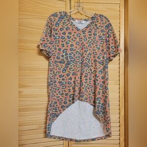 Crazy Train Shirt high low cut pinks blacks yellow a bit of blue leopard Small